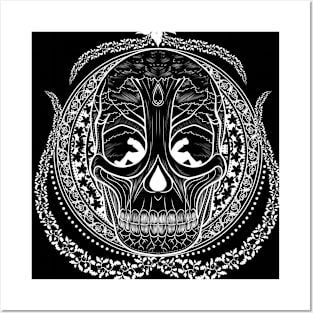 Fantasy skull mandala - White to Black Version Posters and Art